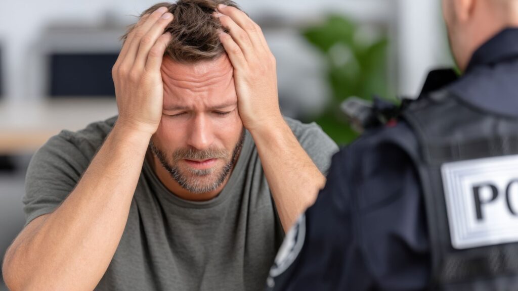 Is Home Title Lock a Scam? man speaking to police officer looking distressed.