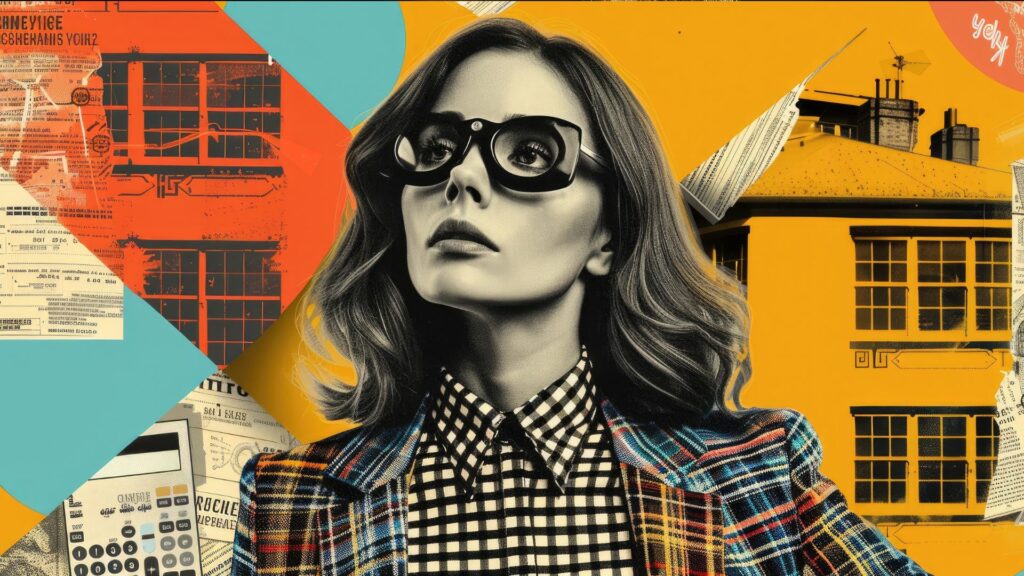 Home Title Theft with a woman and colorful documents a calculator and an apartment in the background