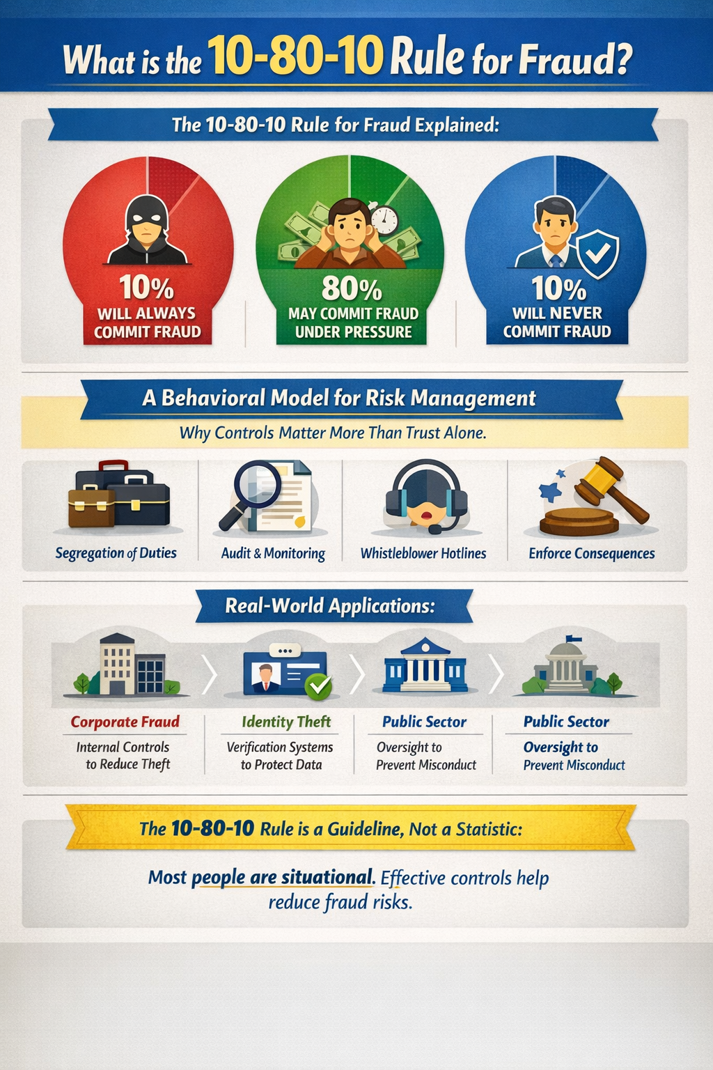 Visual overview of the 10-80-10 rule for fraud: always honest, situational, and actively dishonest groups