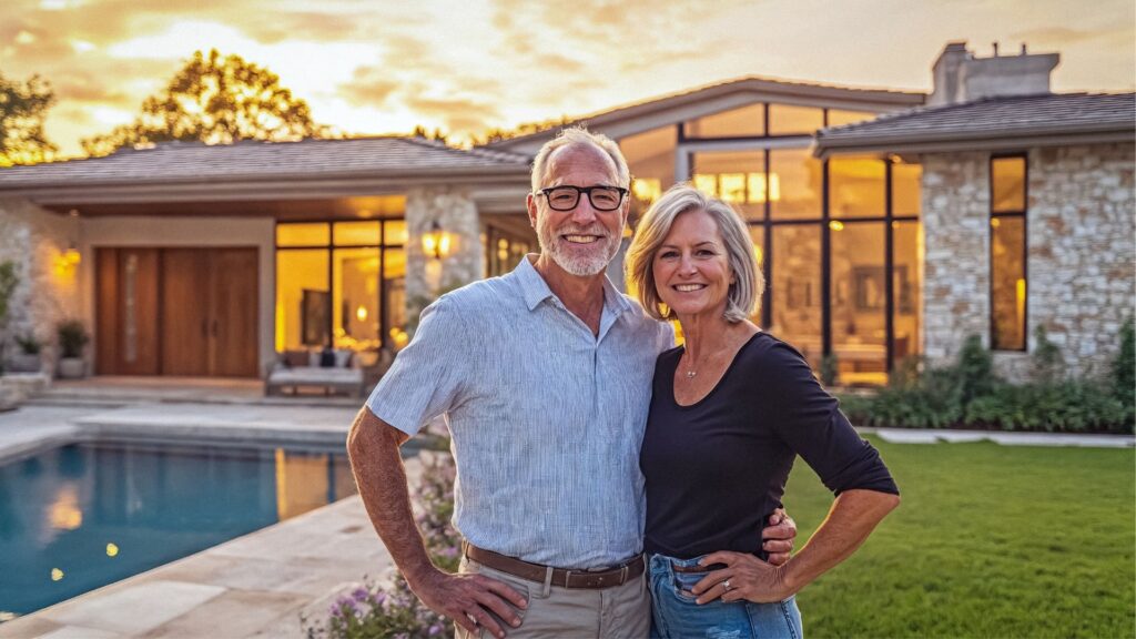 Home Title Protection. A couple standing in their back yard with a pool posing for a picture.