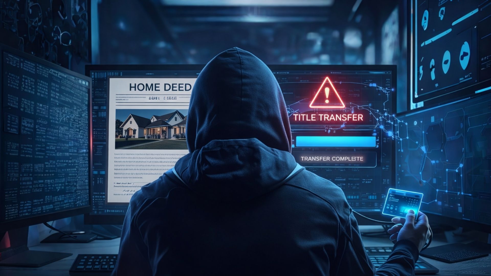 How to protect your property from fraud. A hacker sitting in a dark room transferring a title from the rightful owner to him.