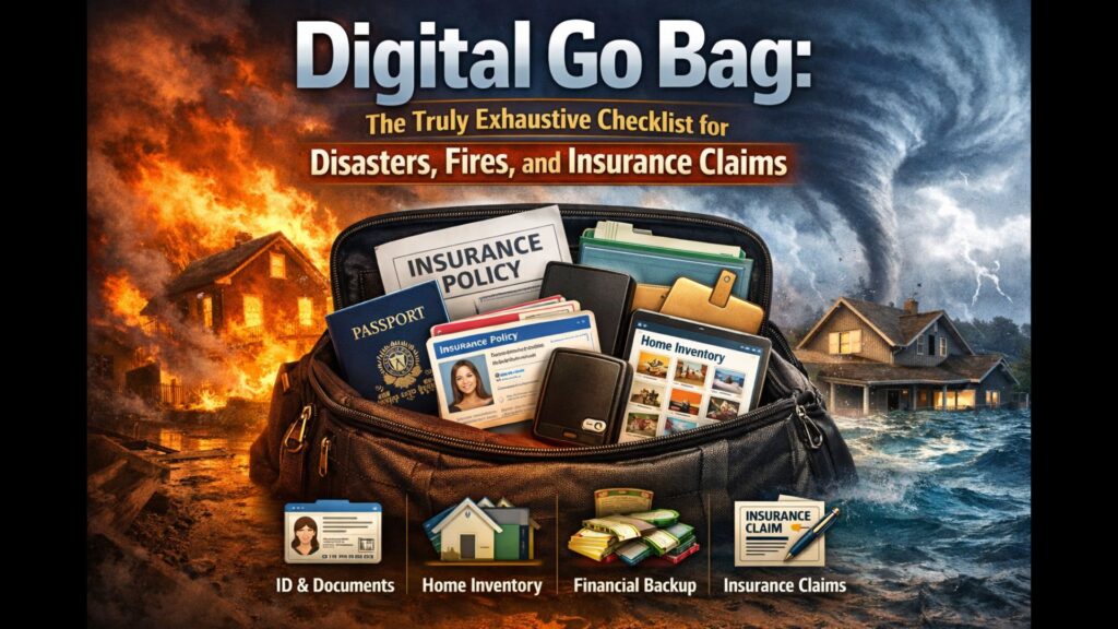 Digital Go Bag. A truely exhaustive checklist for disasters, fires, and insurance claims. Image of House Fire on the left a tornado on the left and a go bag with things in it in the center.