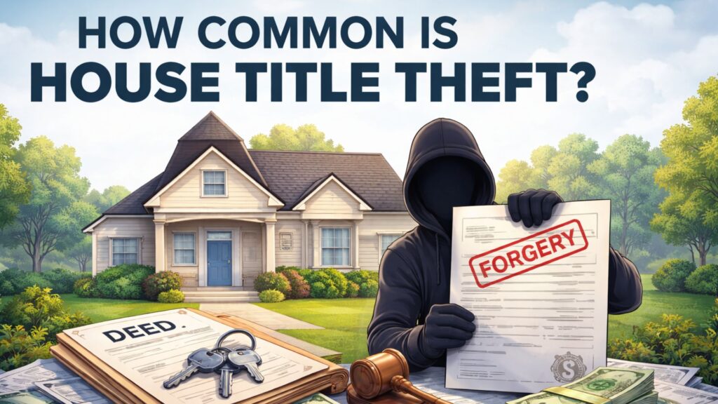 How common is House Title Theft? An image of a thief holding up a forged title document in front of a single family home.
