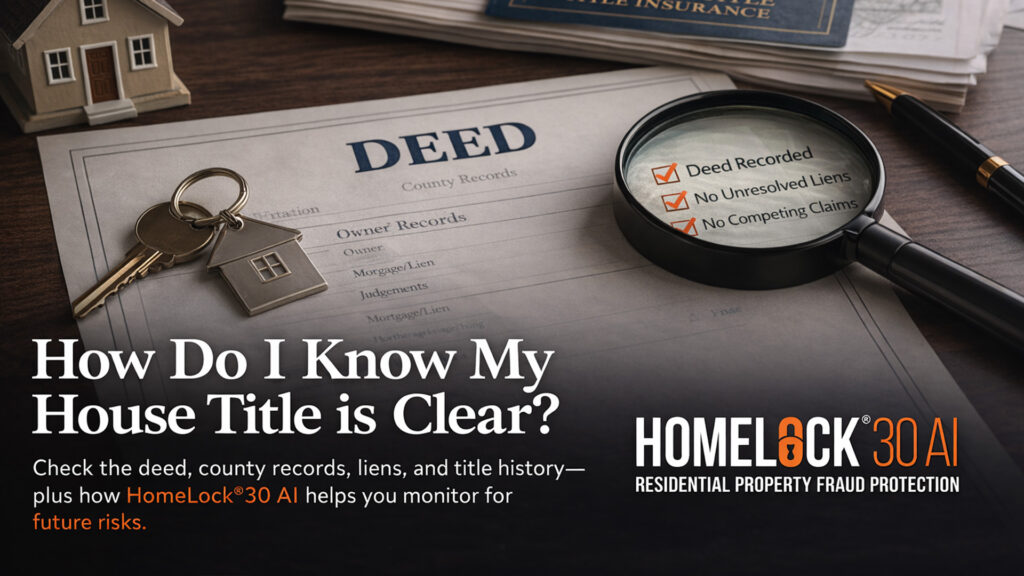 Homeowner reviewing property title records, deed documents, and a clear-title checklist