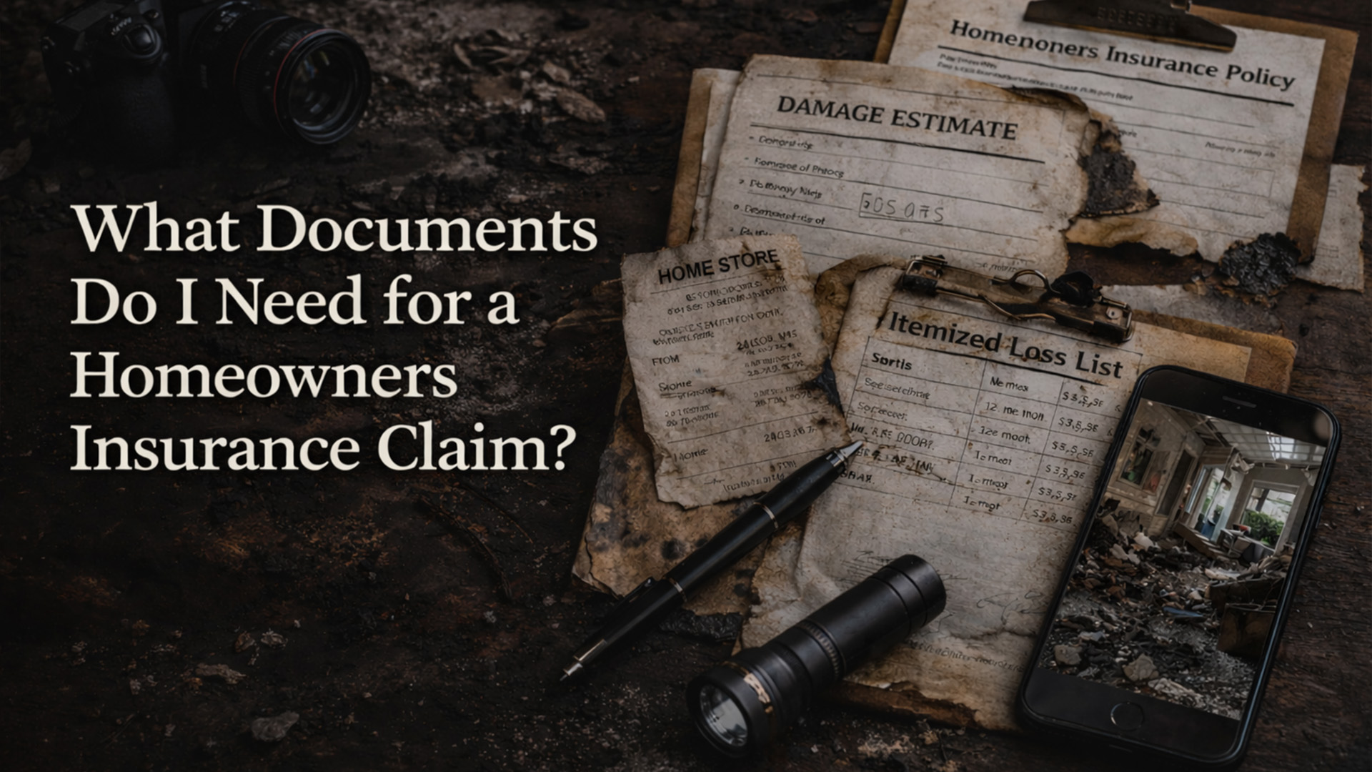 Homeowner organizing insurance claim documents, receipts, and damage photos on a desk