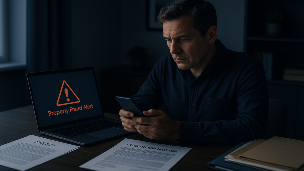 Homeowner reviewing a property fraud alert after a county filing notice with deed records on a desk