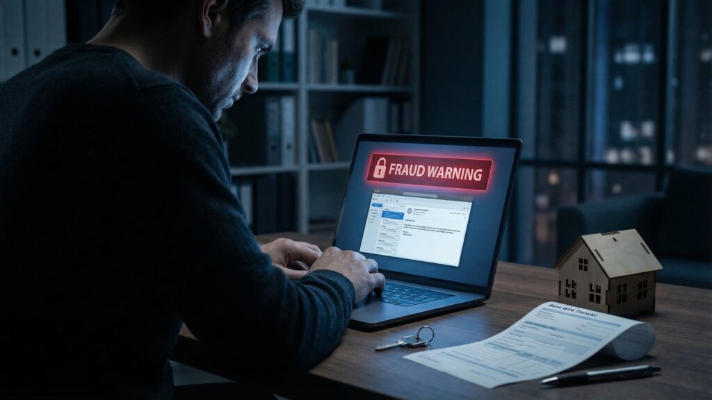 what is real estate wire fraud. An image of a fraudster committing this fraud.