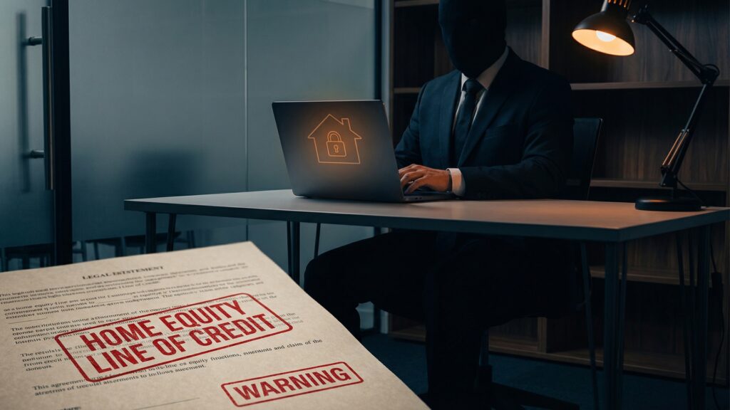 A shadowy figure at a desk with a document labeled Home Equity Line of Credit and a warning stamp, representing HELOC fraud.