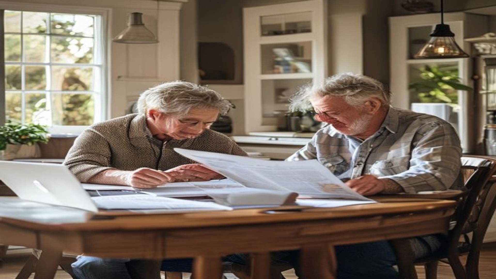 Homeowners reviewing property records together at a kitchen table with a laptop and printed documents nearby