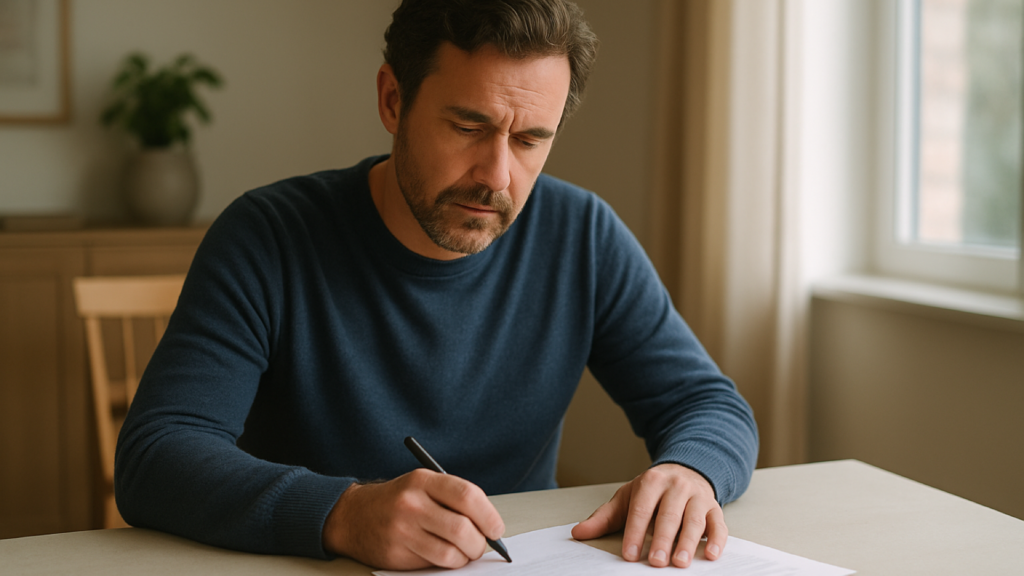Homeowner reviewing blank property tax paperwork at a table