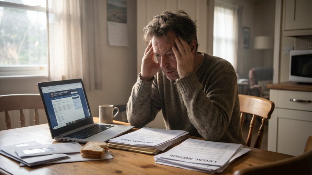 Stressed homeowner sitting at a kitchen table reviewing legal documents and a property deed with a laptop showing county recorder records