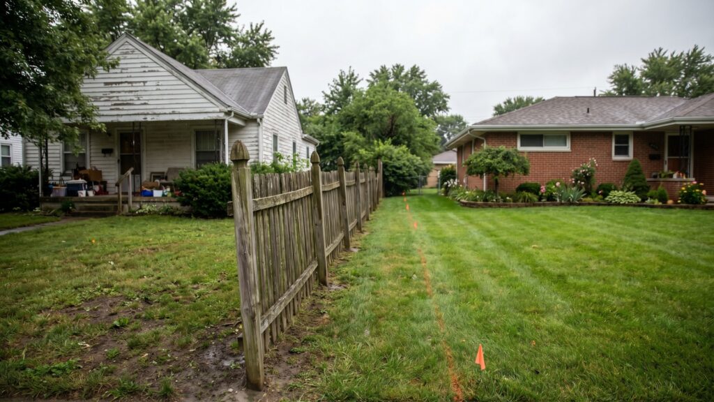 Land with a fence over the surveyor line.